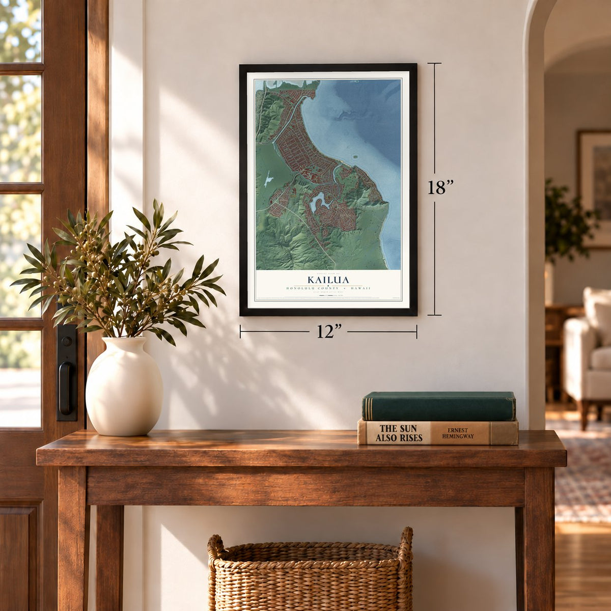 Kailua, Honolulu County, Hawaii map, 12 x 18 inch print in a black frame in an entryway