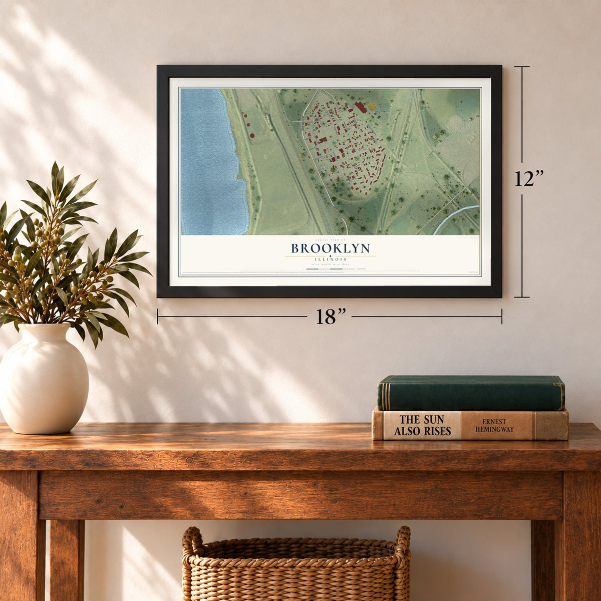 Brooklyn, Illinois map, 12 x 18 inch print in a black frame in an entryway