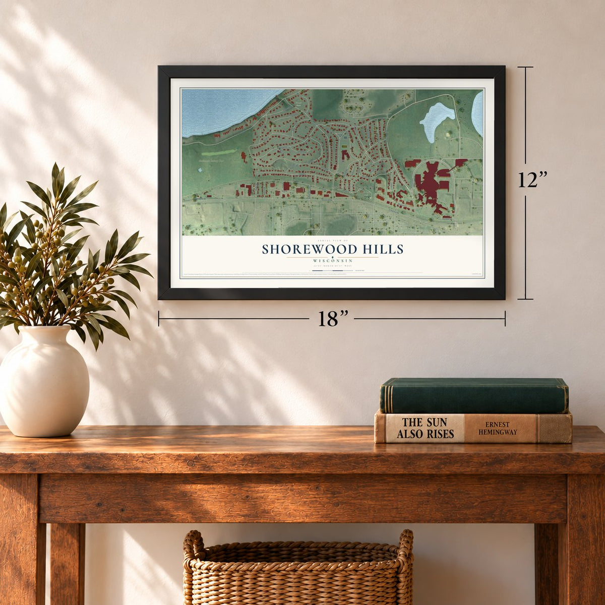 Shorewood Hills, Wisconsin map, 12 x 18 inch print in a black frame in an entryway