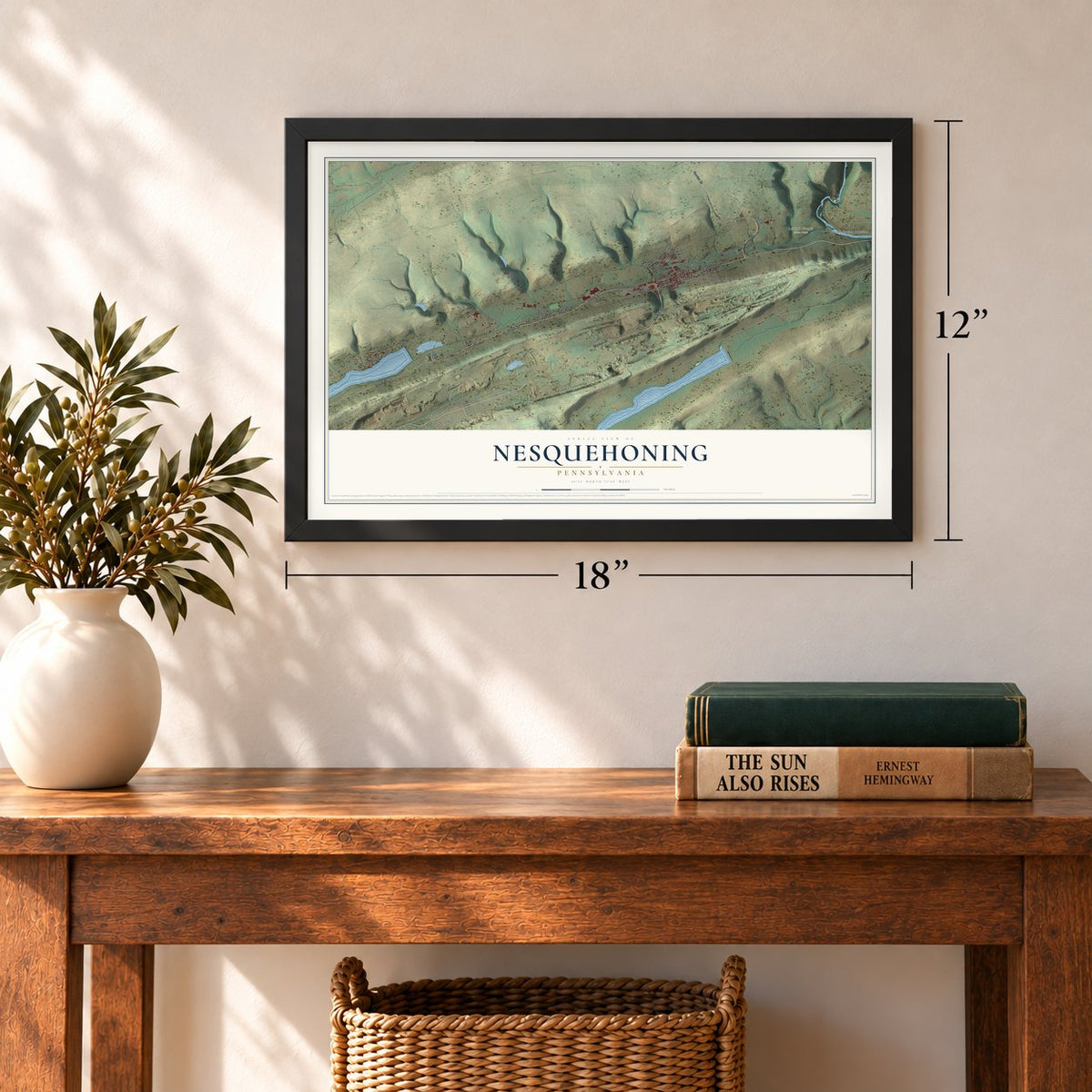 Nesquehoning, Pennsylvania map, 12 x 18 inch print in a black frame in an entryway