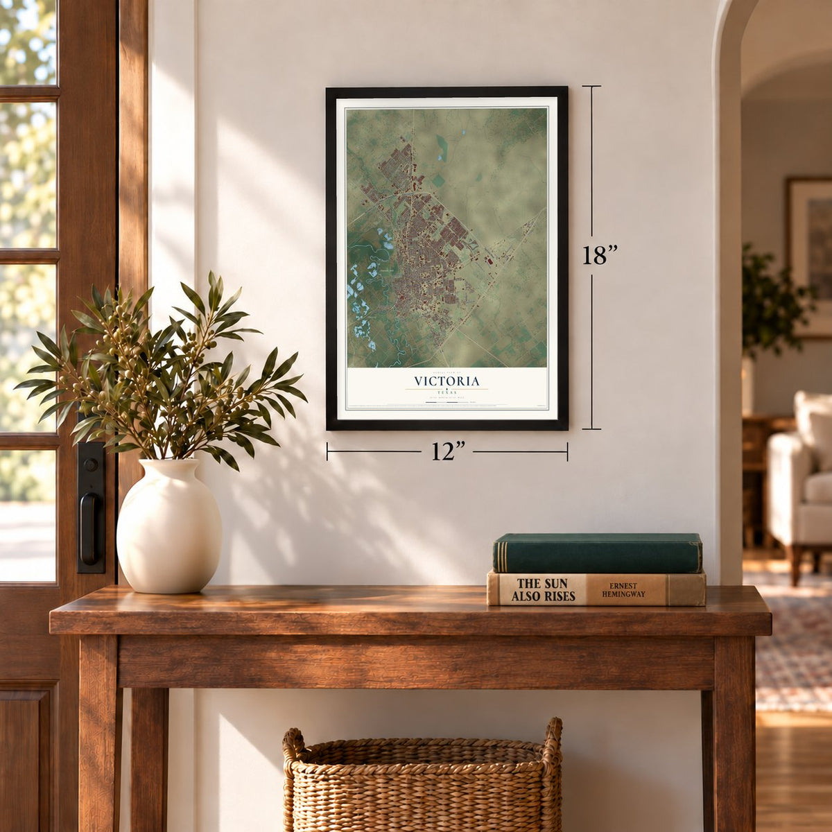 Victoria, Texas map, 12 x 18 inch print in a black frame in an entryway