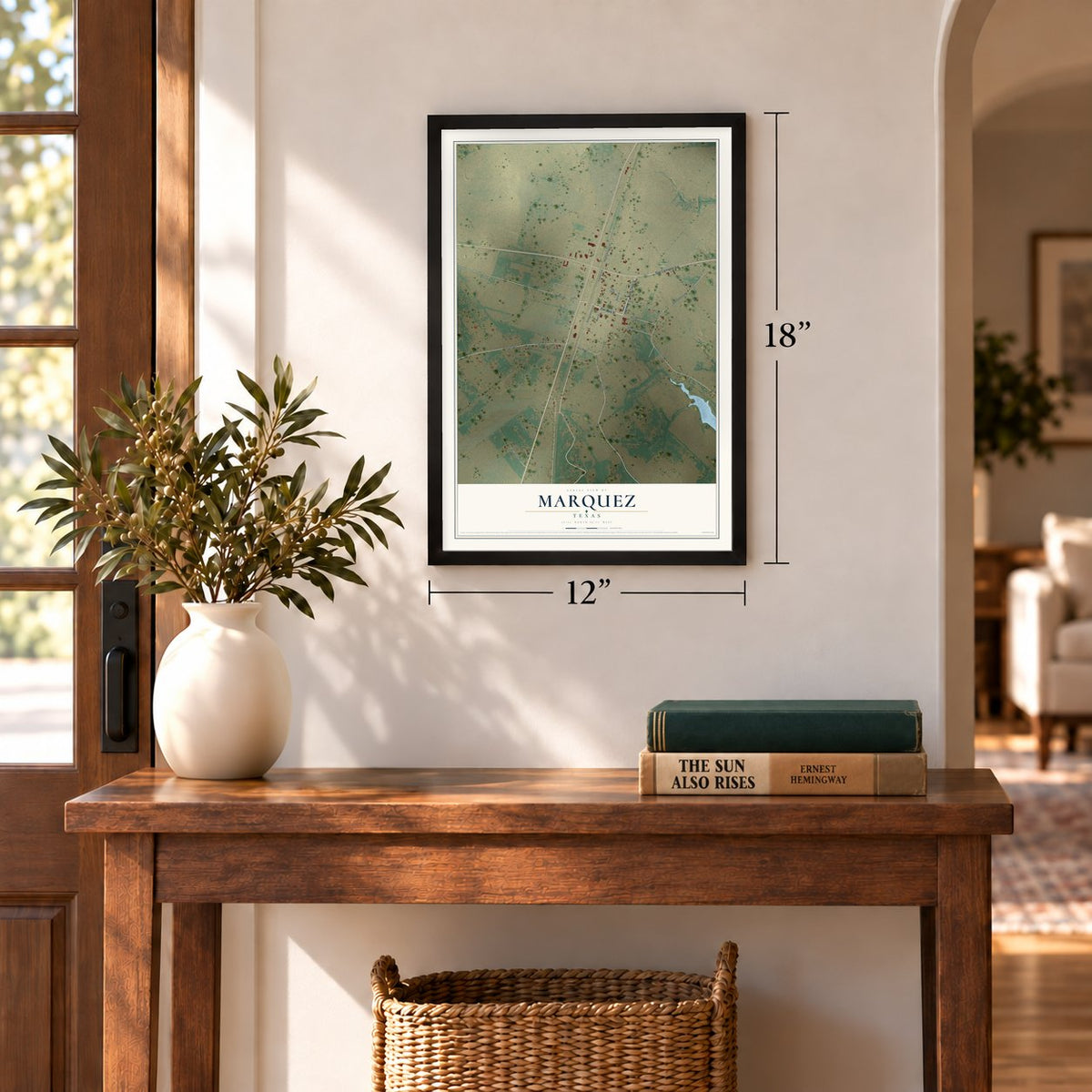 Marquez, Texas map, 12 x 18 inch print in a black frame in an entryway