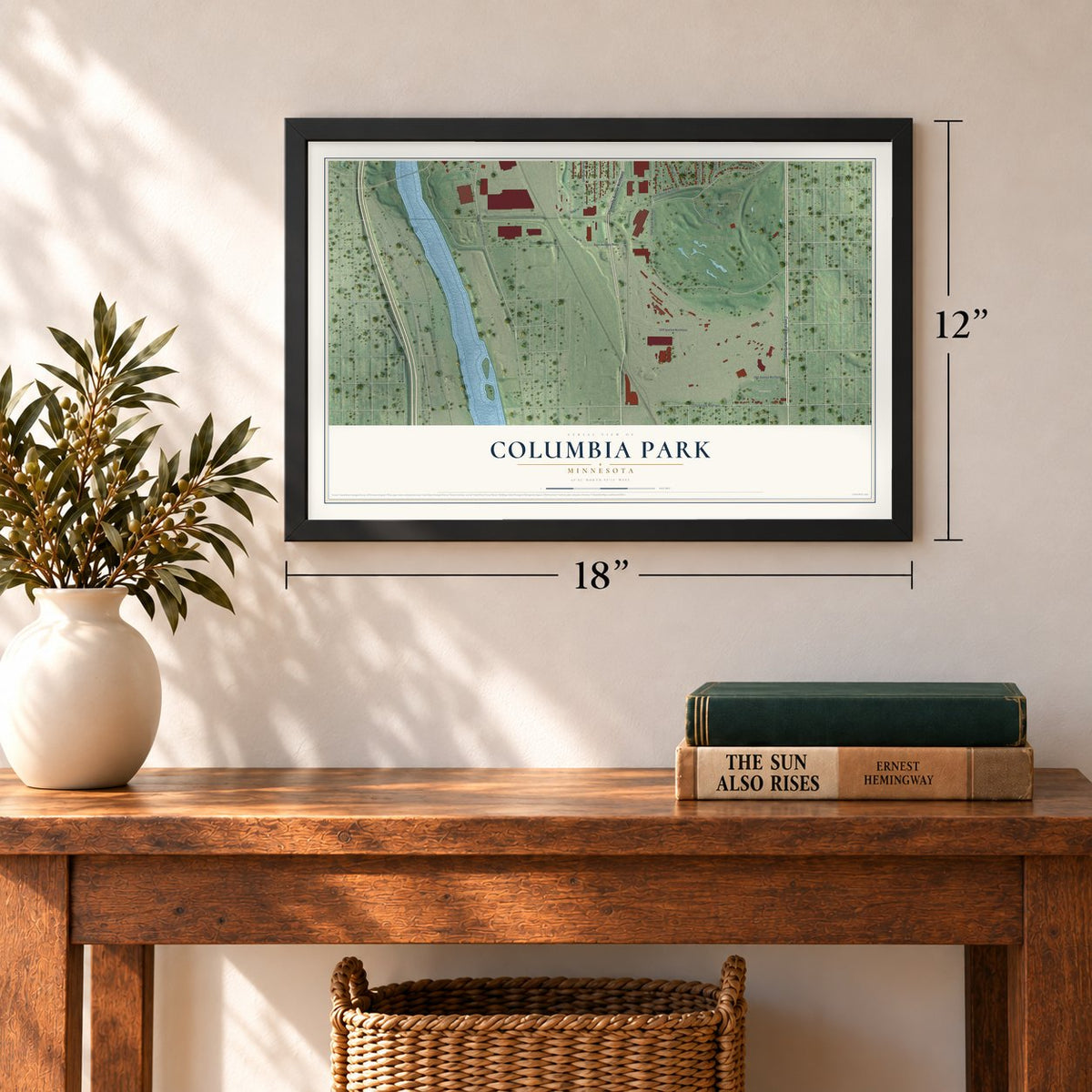 Columbia Park, Minnesota map, 12 x 18 inch print in a black frame in an entryway