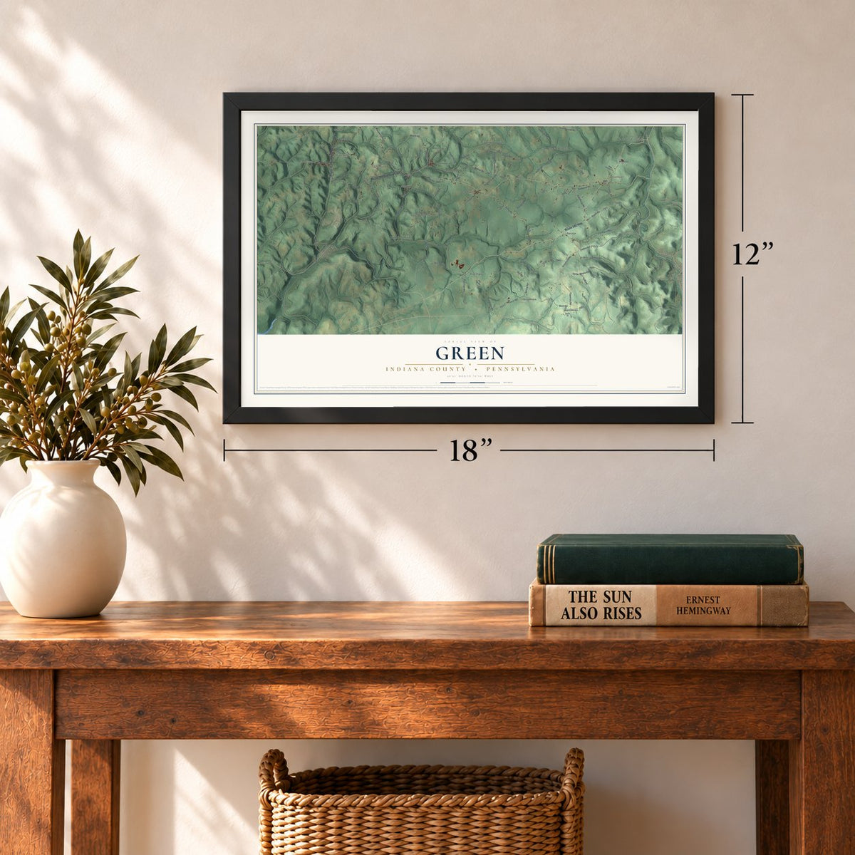 Green, Indiana County, Pennsylvania map, 12 x 18 inch print in a black frame in an entryway