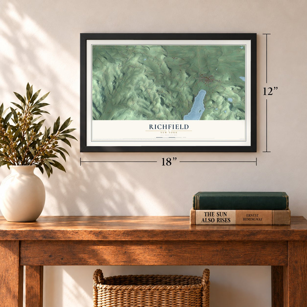 Richfield, New York map, 12 x 18 inch print in a black frame in an entryway