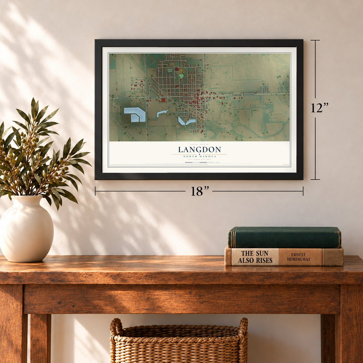 Langdon, North Dakota map, 12 x 18 inch print in a black frame in an entryway