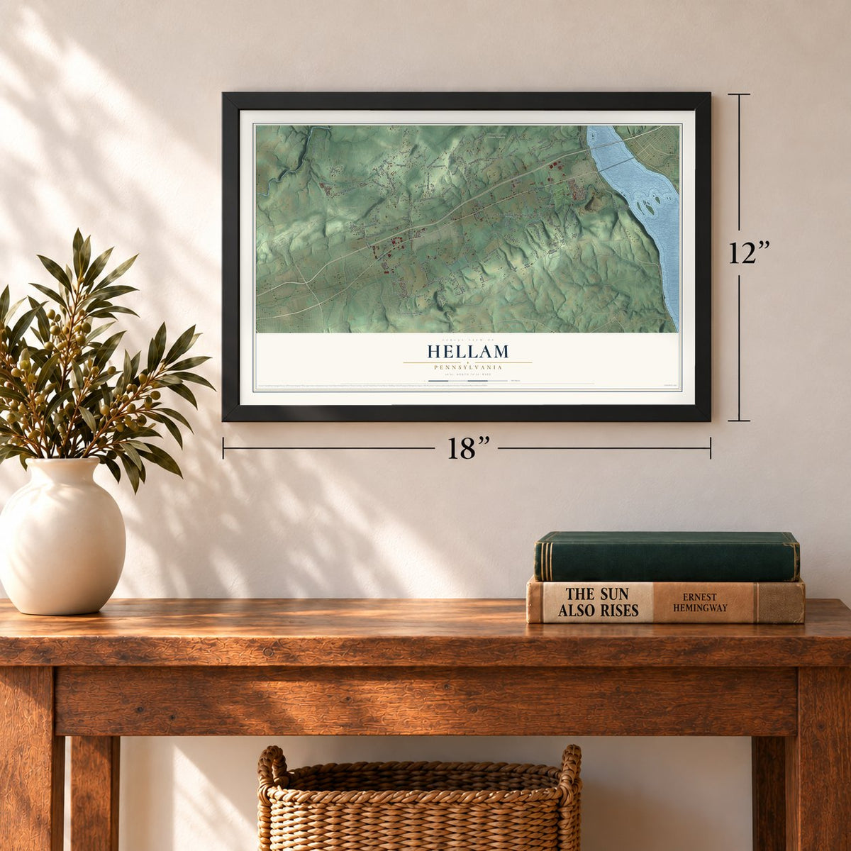 Hellam, Pennsylvania map, 12 x 18 inch print in a black frame in an entryway