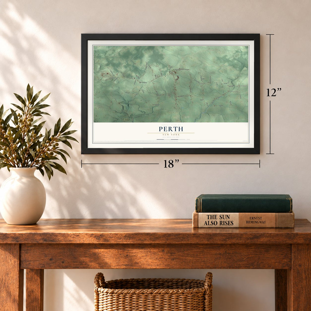 Perth, New York map, 12 x 18 inch print in a black frame in an entryway
