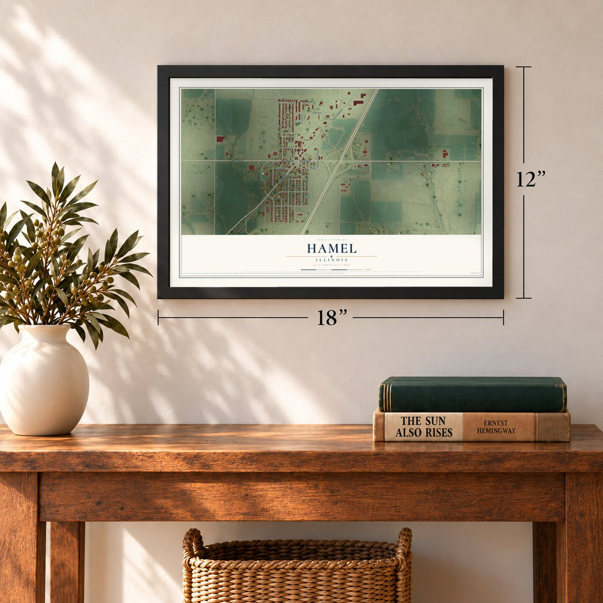 Hamel, Illinois map, 12 x 18 inch print in a black frame in an entryway