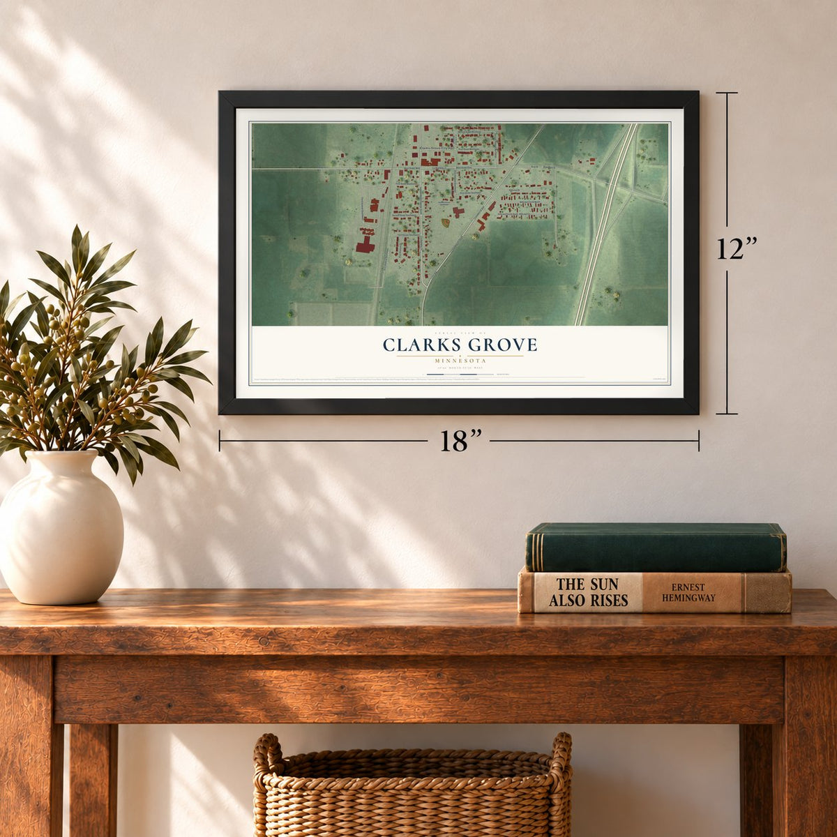 Clarks Grove, Minnesota map, 12 x 18 inch print in a black frame in an entryway