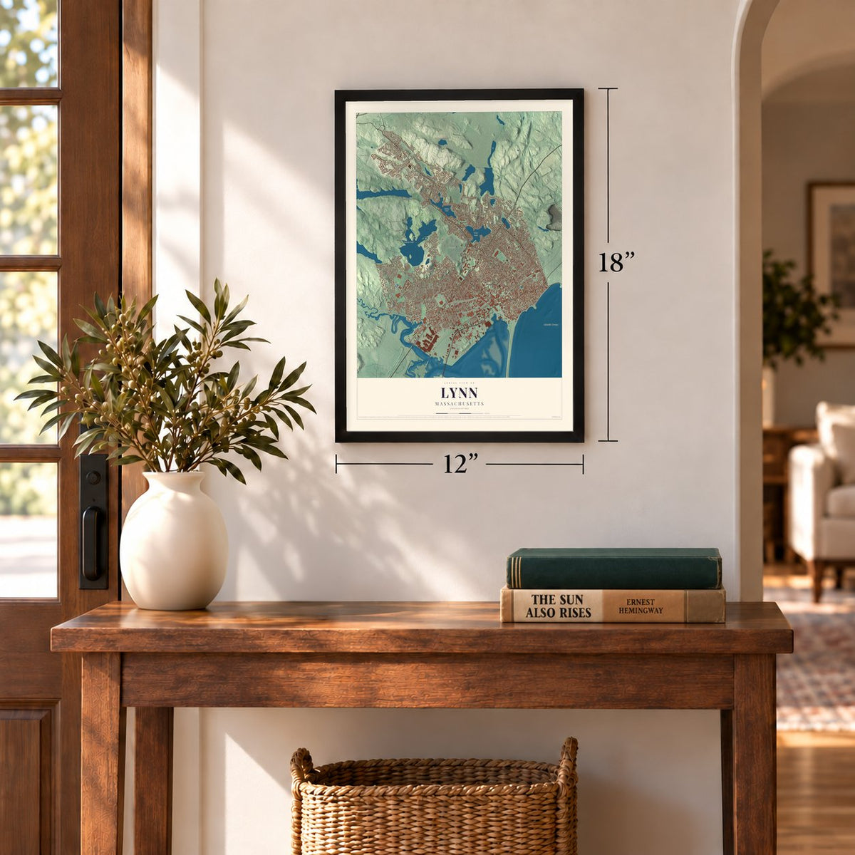Lynn, Massachusetts map, 12 x 18 inch print in a black frame in an entryway