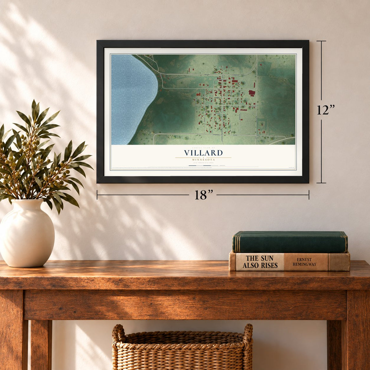 Villard, Minnesota map, 12 x 18 inch print in a black frame in an entryway