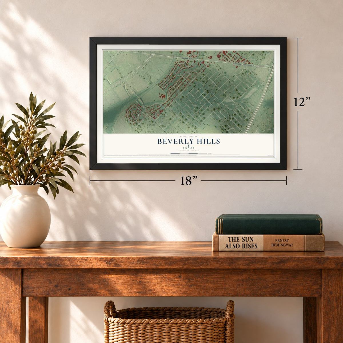 Beverly Hills, Texas map, 12 x 18 inch print in a black frame in an entryway