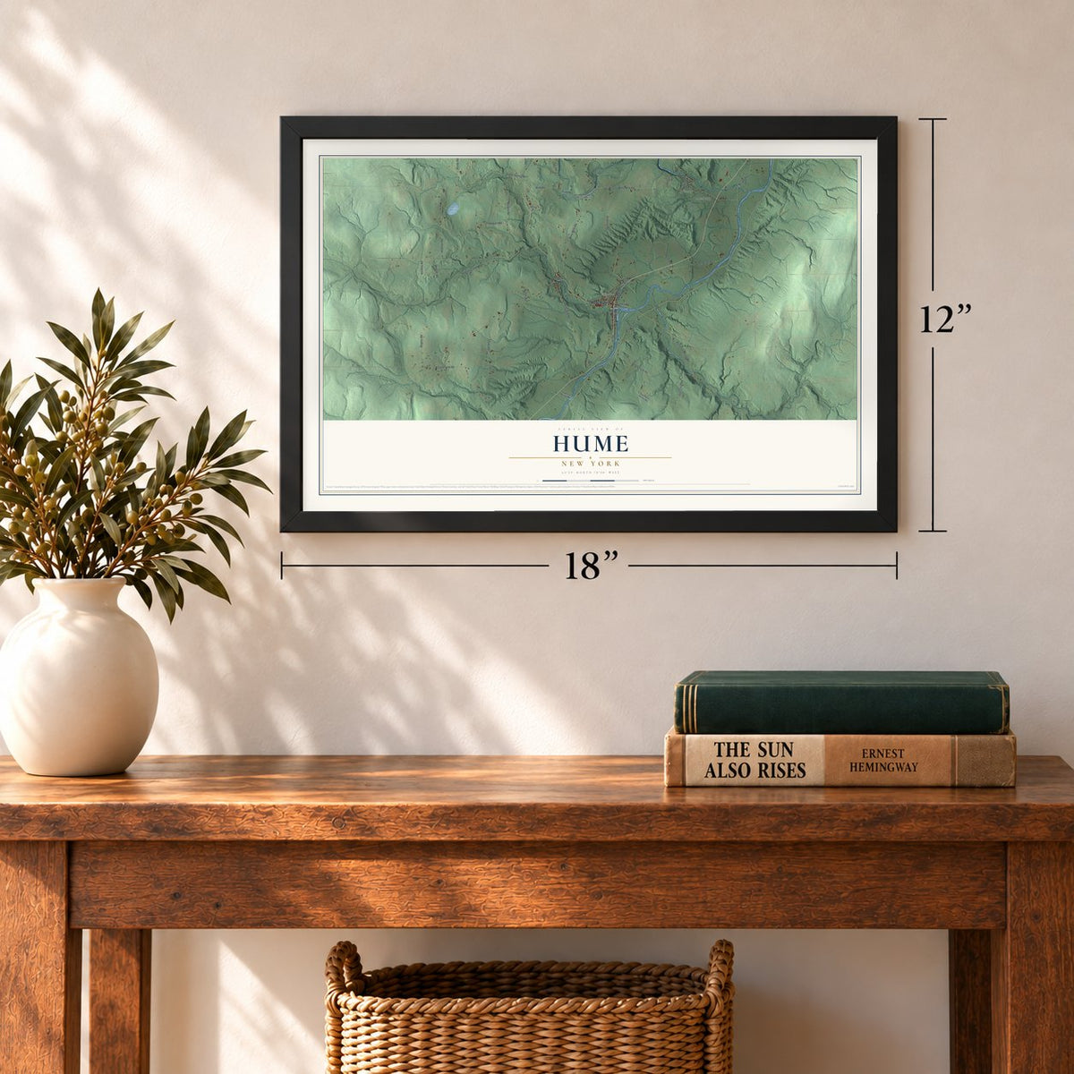 Hume, New York map, 12 x 18 inch print in a black frame in an entryway