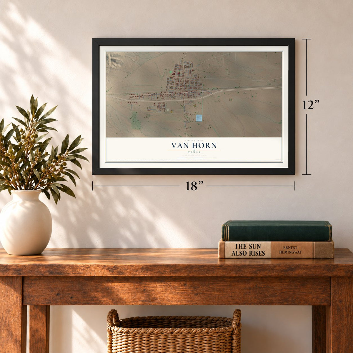 Van Horn, Texas map, 12 x 18 inch print in a black frame in an entryway
