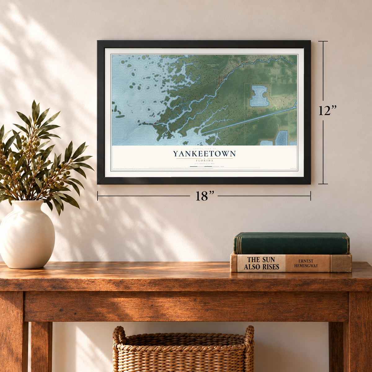 Yankeetown, Florida map, 12 x 18 inch print in a black frame in an entryway