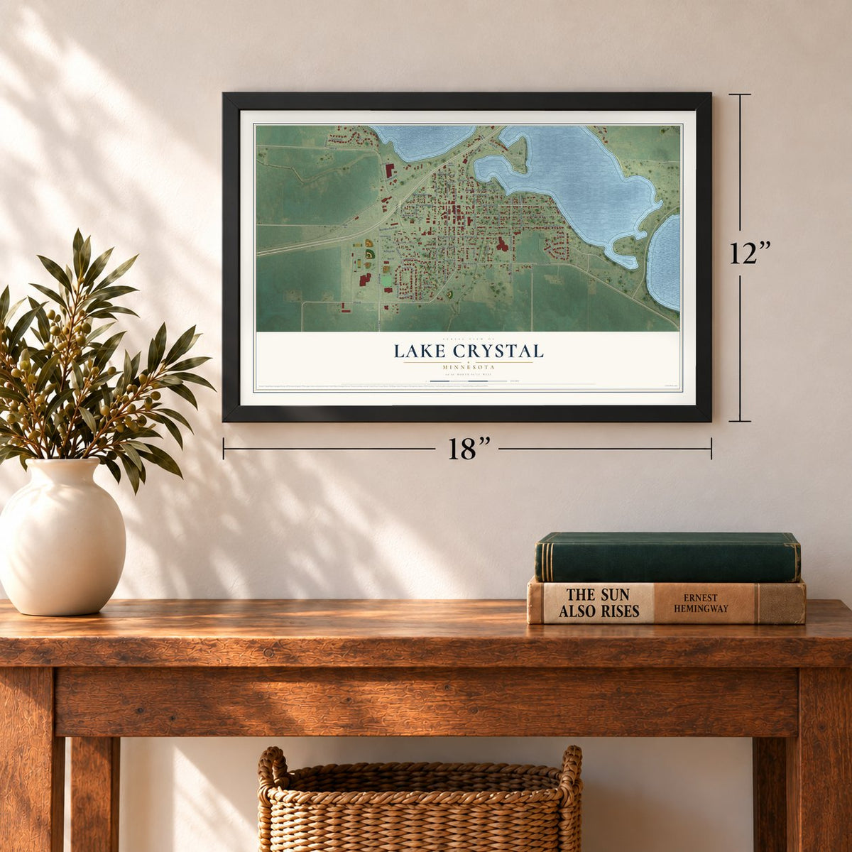 Lake Crystal, Minnesota map, 12 x 18 inch print in a black frame in an entryway