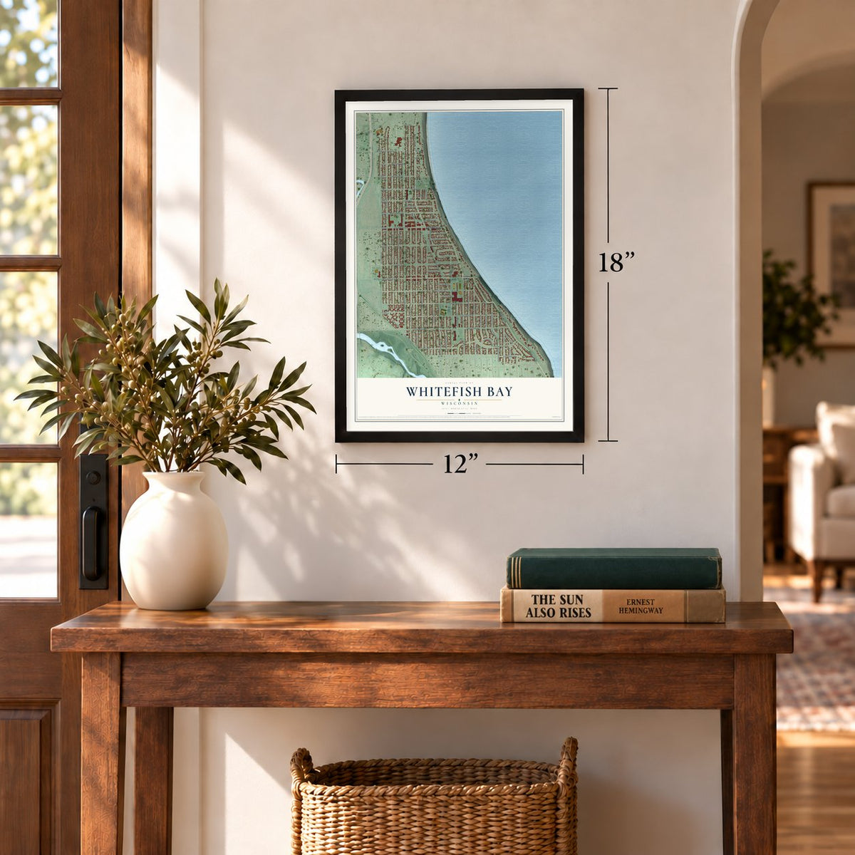 Whitefish Bay, Wisconsin map, 12 x 18 inch print in a black frame in an entryway