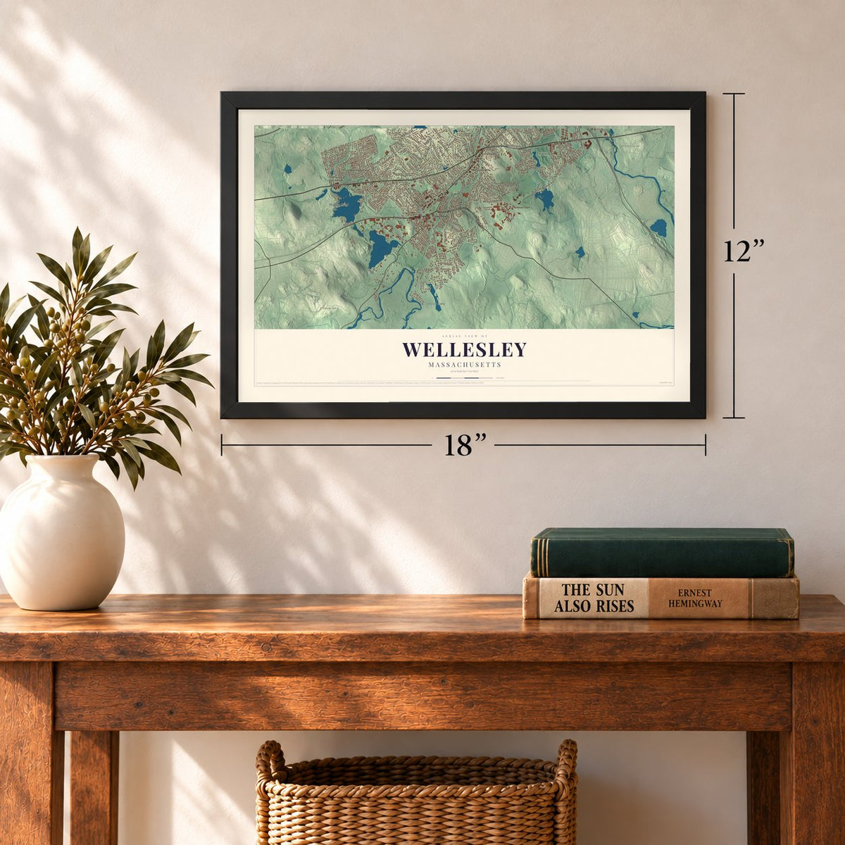 Wellesley, Massachusetts map, 12 x 18 inch print in a black frame in an entryway