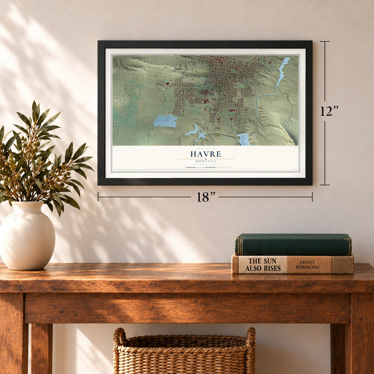 Havre, Montana map, 12 x 18 inch print in a black frame in an entryway