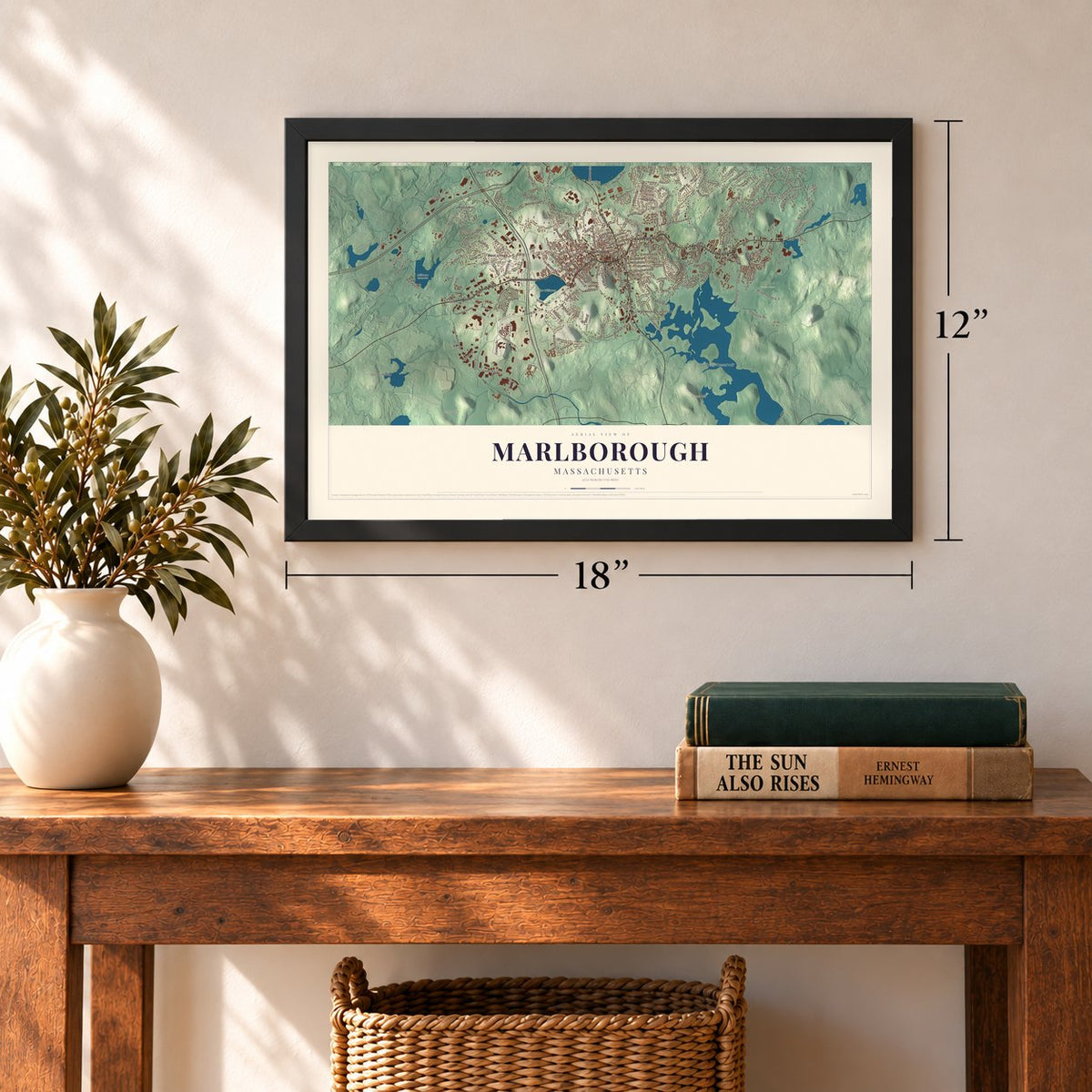 Marlborough, Massachusetts map, 12 x 18 inch print in a black frame in an entryway