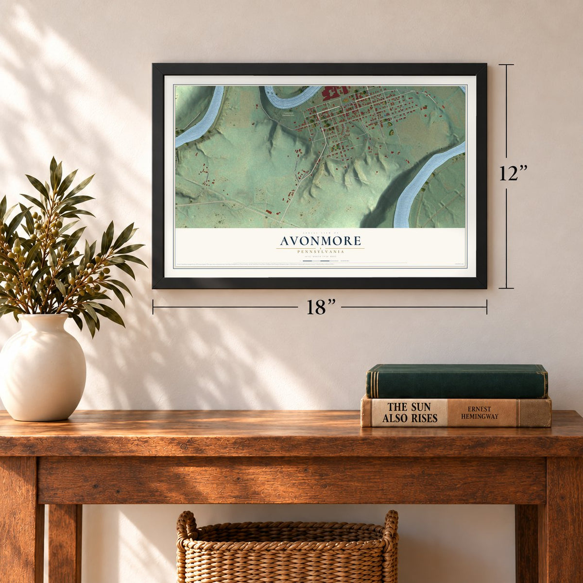 Avonmore, Pennsylvania map, 12 x 18 inch print in a black frame in an entryway
