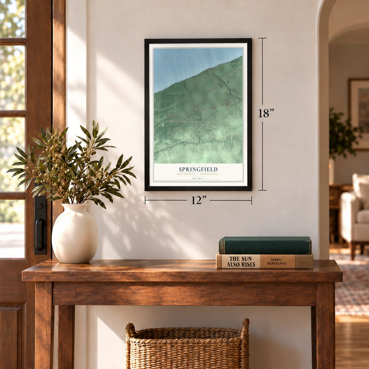 Springfield, Erie County, Pennsylvania map, 12 x 18 inch print in a black frame in an entryway