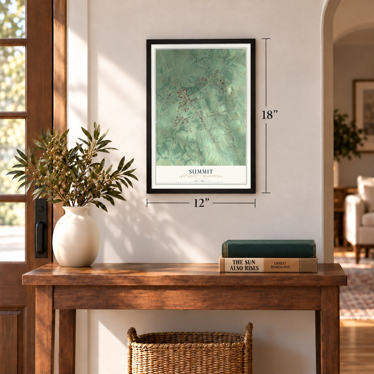 Summit, Erie County, Pennsylvania map, 12 x 18 inch print in a black frame in an entryway