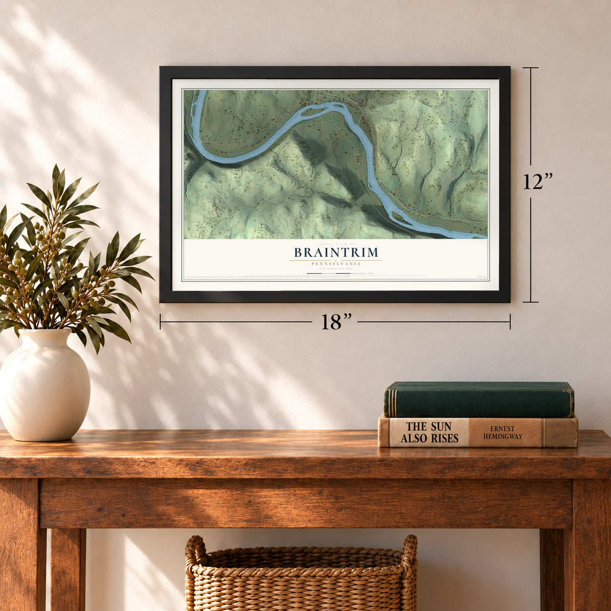 Braintrim, Pennsylvania map, 12 x 18 inch print in a black frame in an entryway