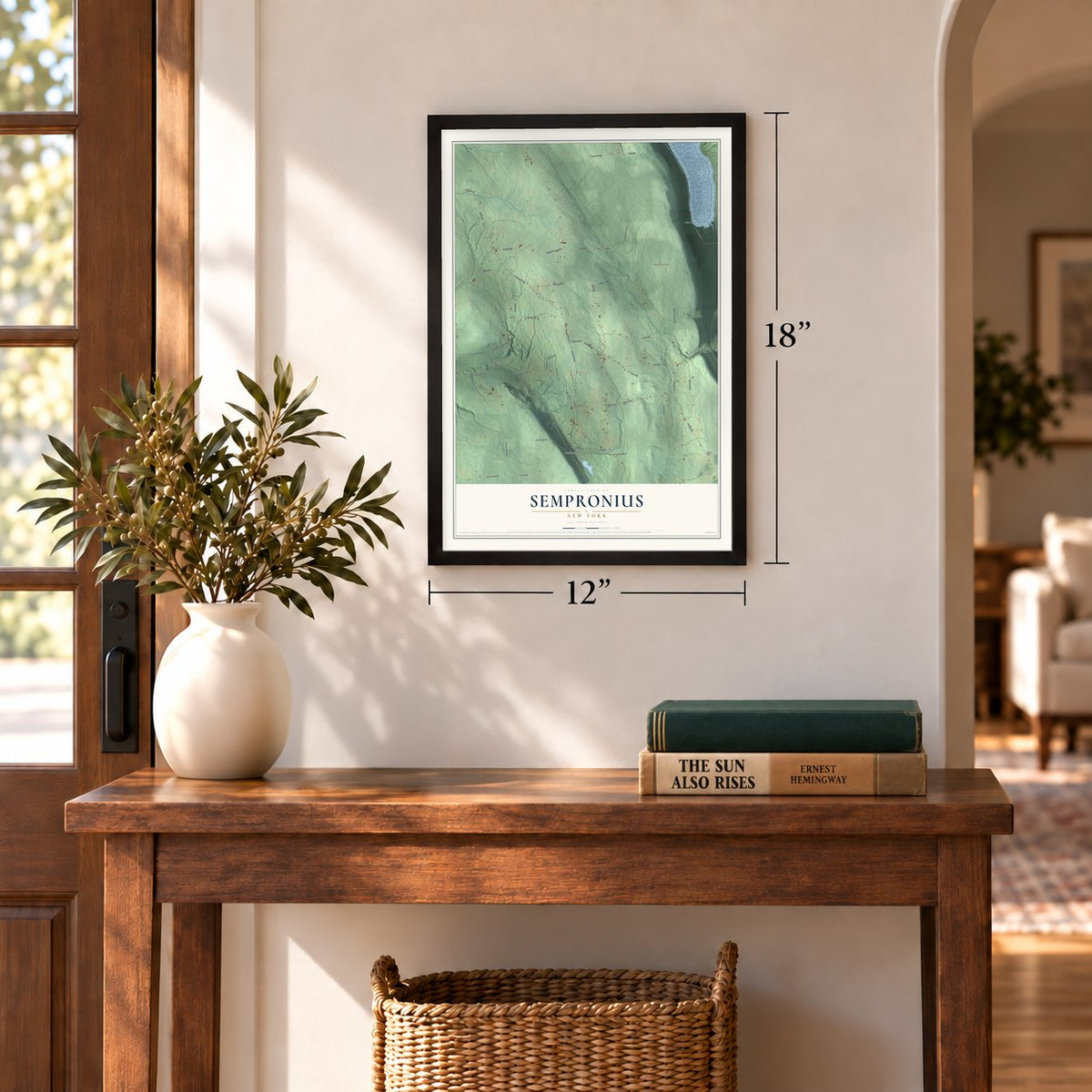 Sempronius, New York map, 12 x 18 inch print in a black frame in an entryway