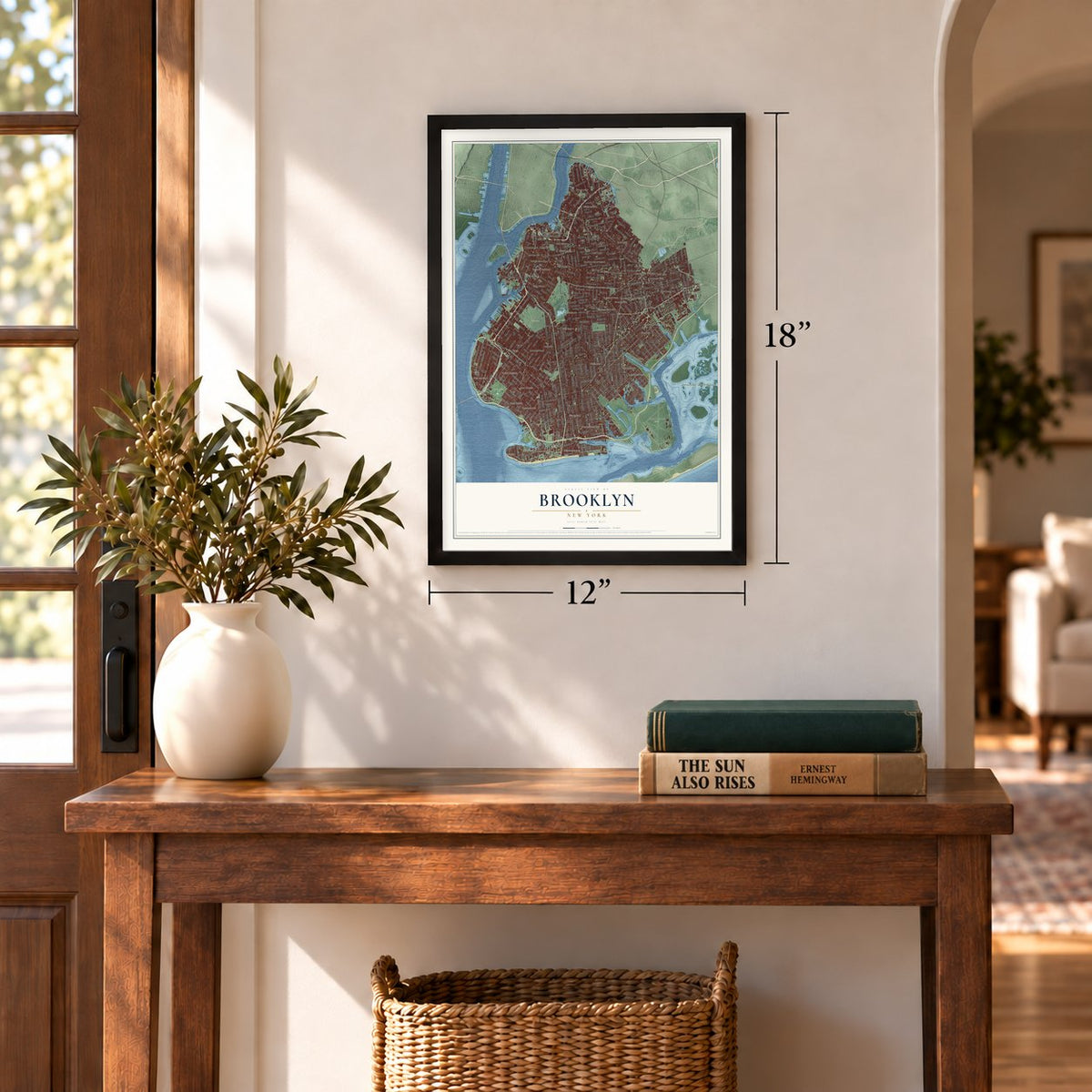 Brooklyn, New York map, 12 x 18 inch print in a black frame in an entryway