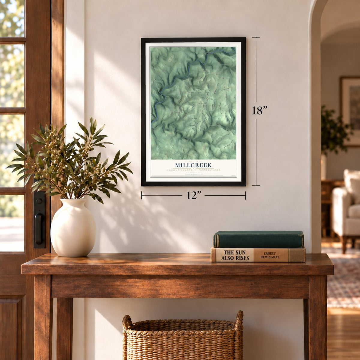 Millcreek, Clarion County, Pennsylvania map, 12 x 18 inch print in a black frame in an entryway