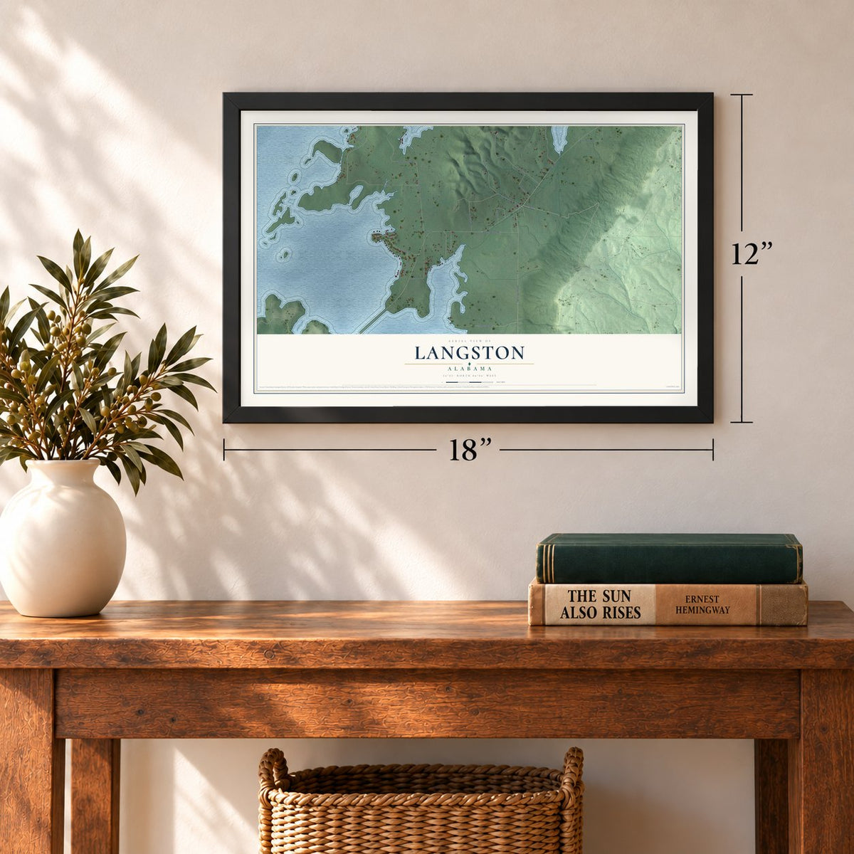 Langston, Alabama map, 12 x 18 inch print in a black frame in an entryway