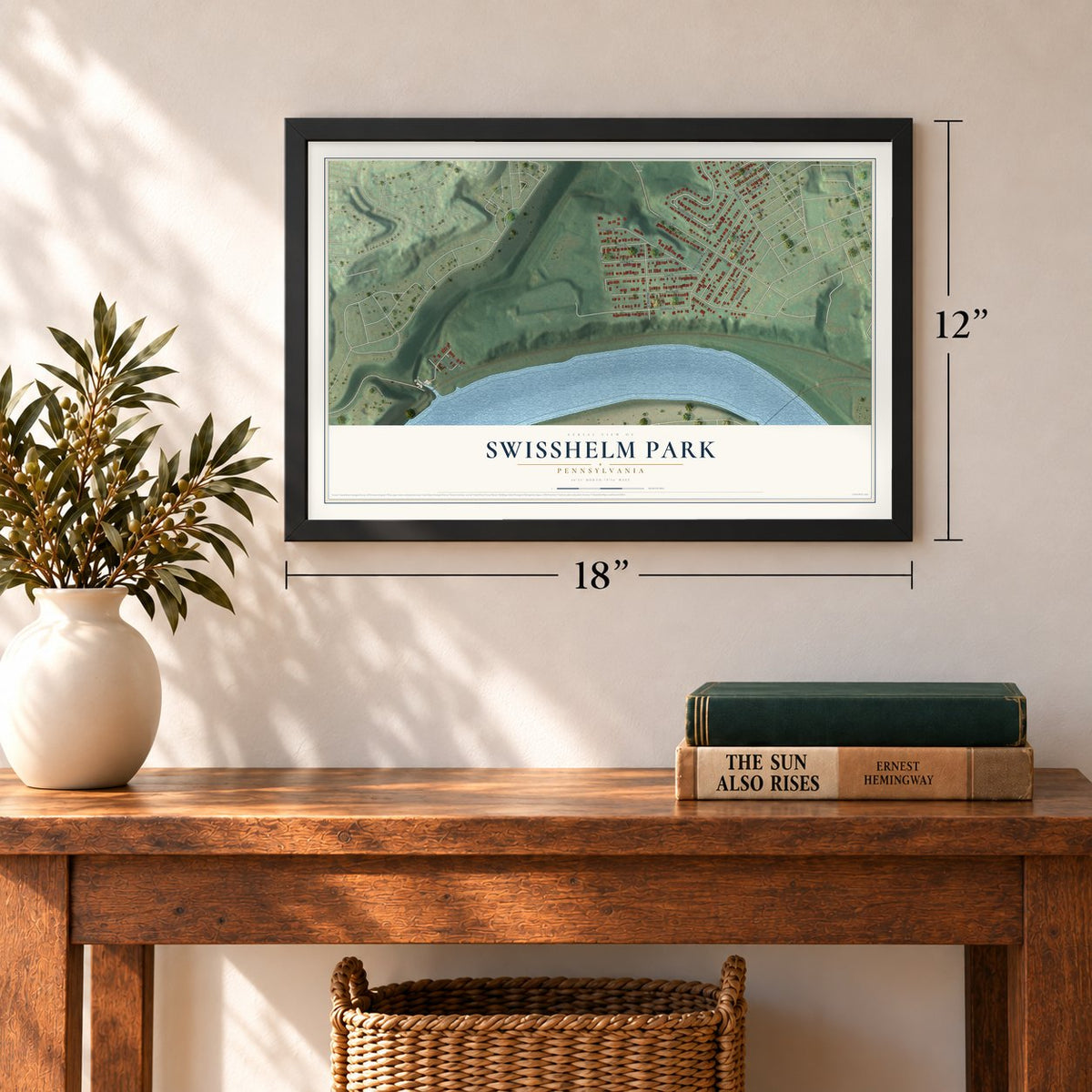 Swisshelm Park, Pennsylvania map, 12 x 18 inch print in a black frame in an entryway