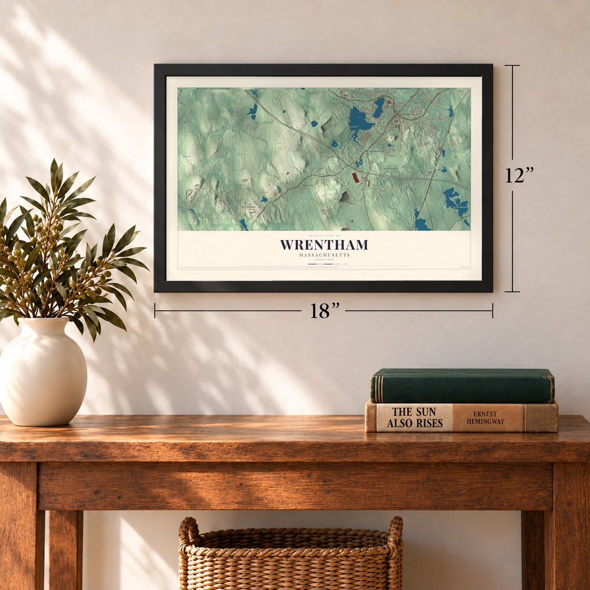 Wrentham, Massachusetts map, 12 x 18 inch print in a black frame in an entryway