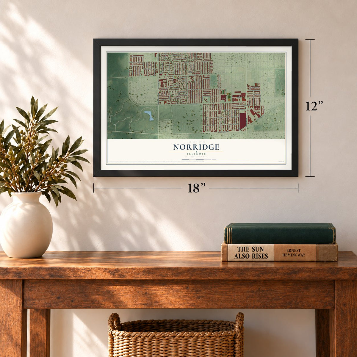 Norridge, Illinois map, 12 x 18 inch print in a black frame in an entryway