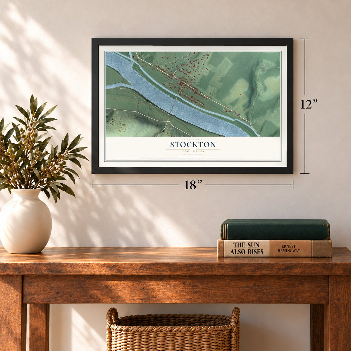 Stockton, New Jersey map, 12 x 18 inch print in a black frame in an entryway