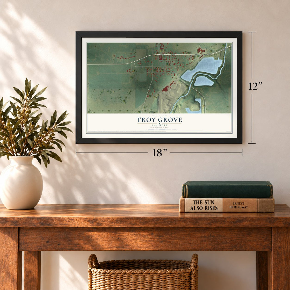 Troy Grove, Illinois map, 12 x 18 inch print in a black frame in an entryway
