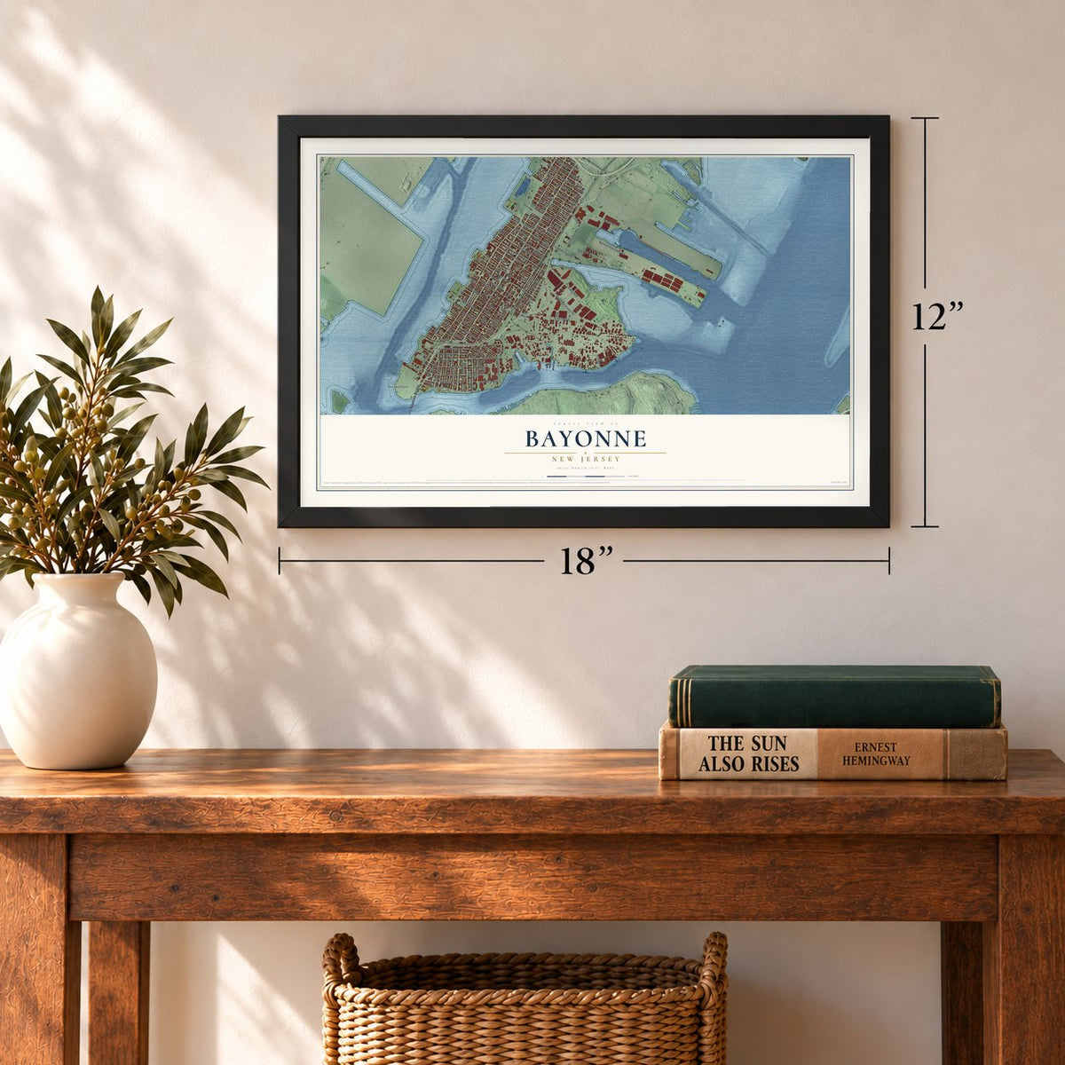 Bayonne, New Jersey map, 12 x 18 inch print in a black frame in an entryway