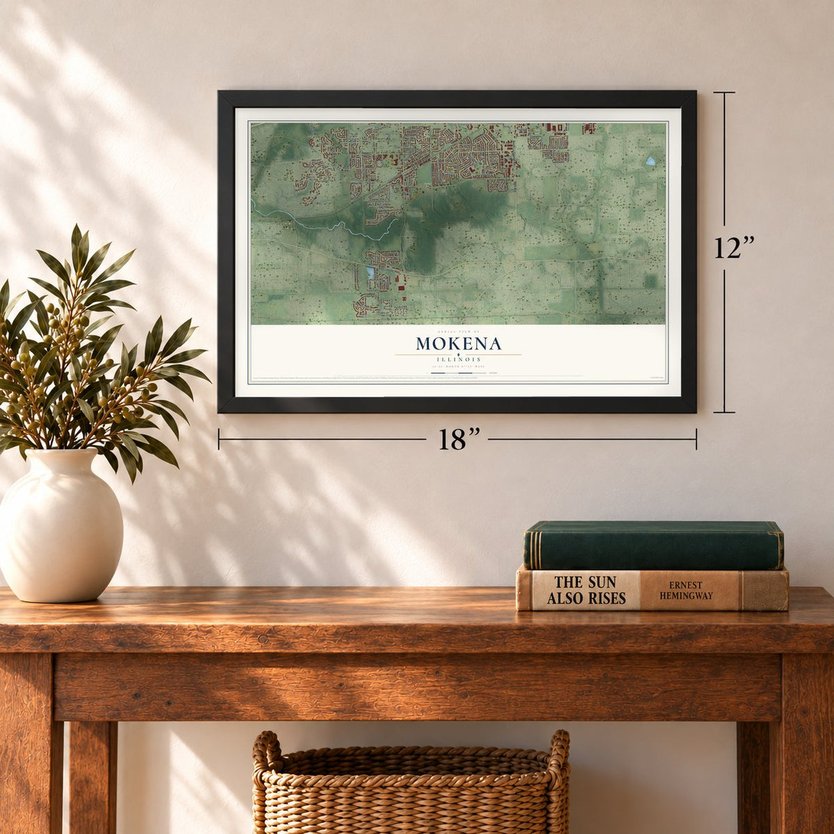 Mokena, Illinois map, 12 x 18 inch print in a black frame in an entryway