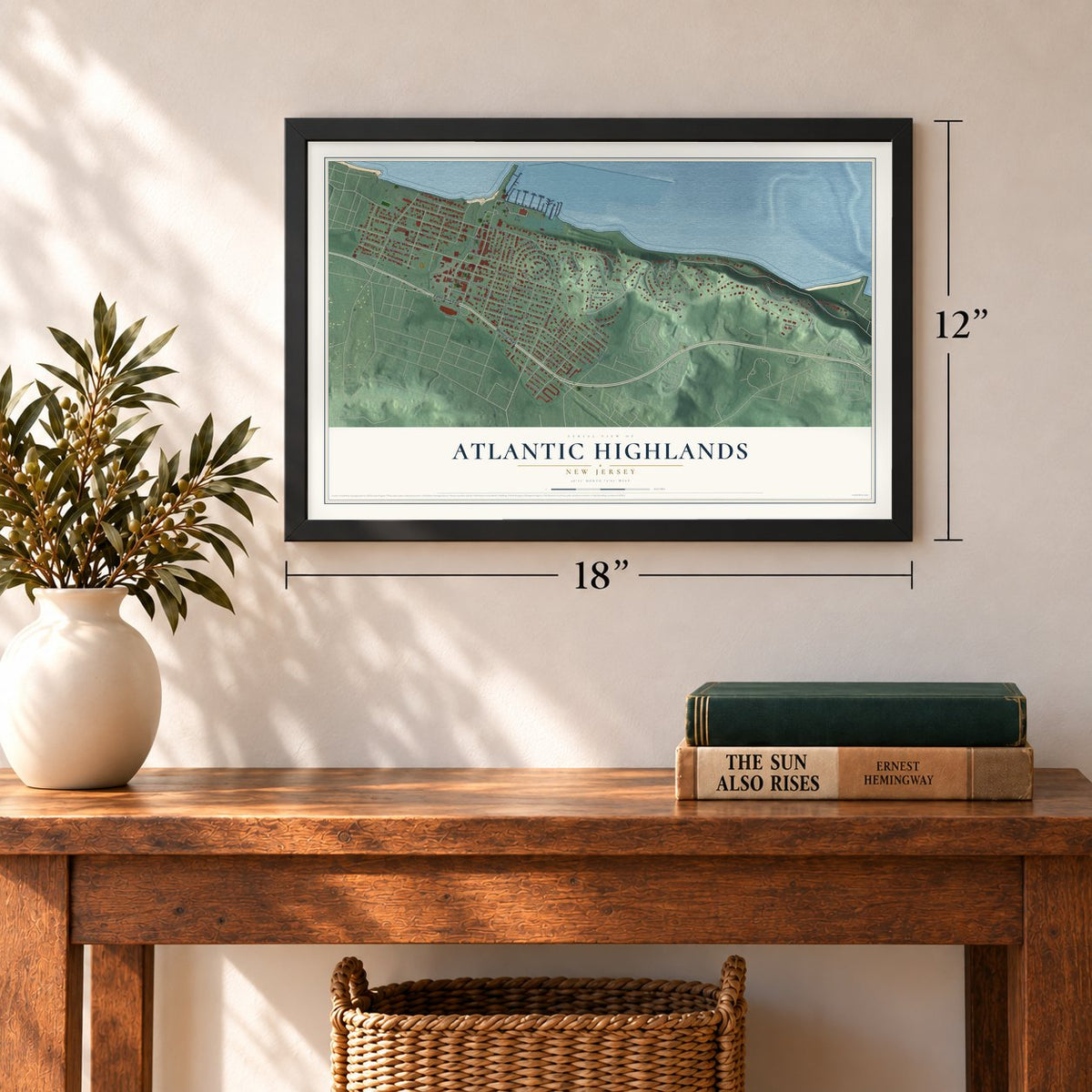 Atlantic Highlands, New Jersey map, 12 x 18 inch print in a black frame in an entryway