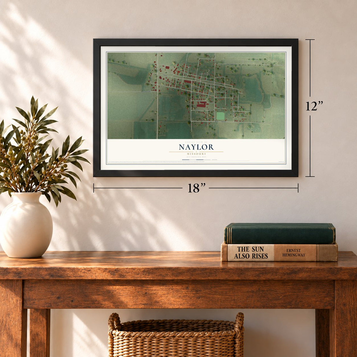 Naylor, Missouri map, 12 x 18 inch print in a black frame in an entryway