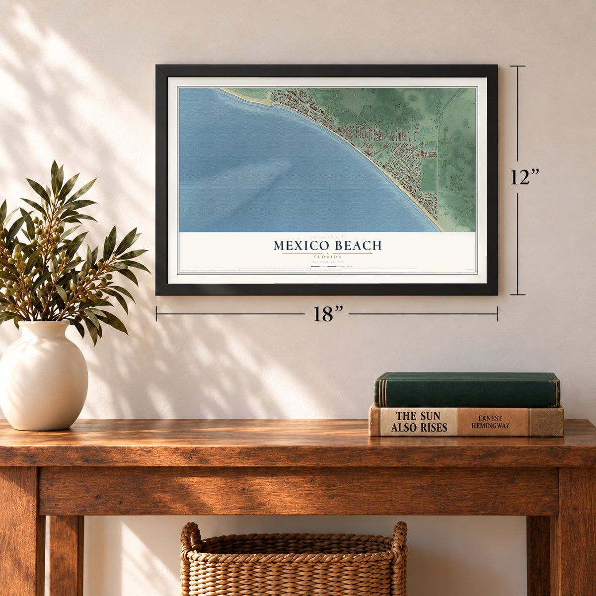 Mexico Beach, Florida map, 12 x 18 inch print in a black frame in an entryway