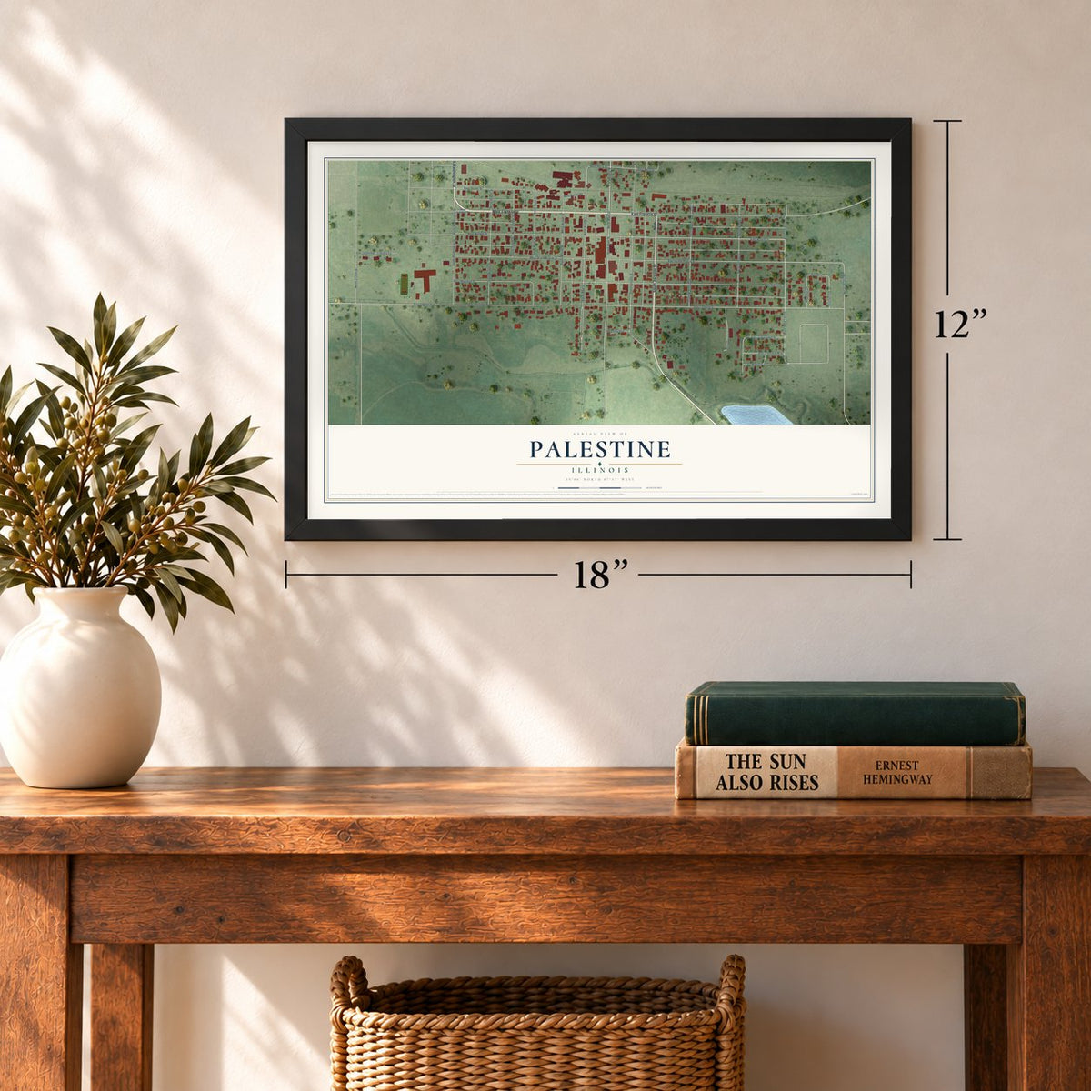 Palestine, Illinois map, 12 x 18 inch print in a black frame in an entryway