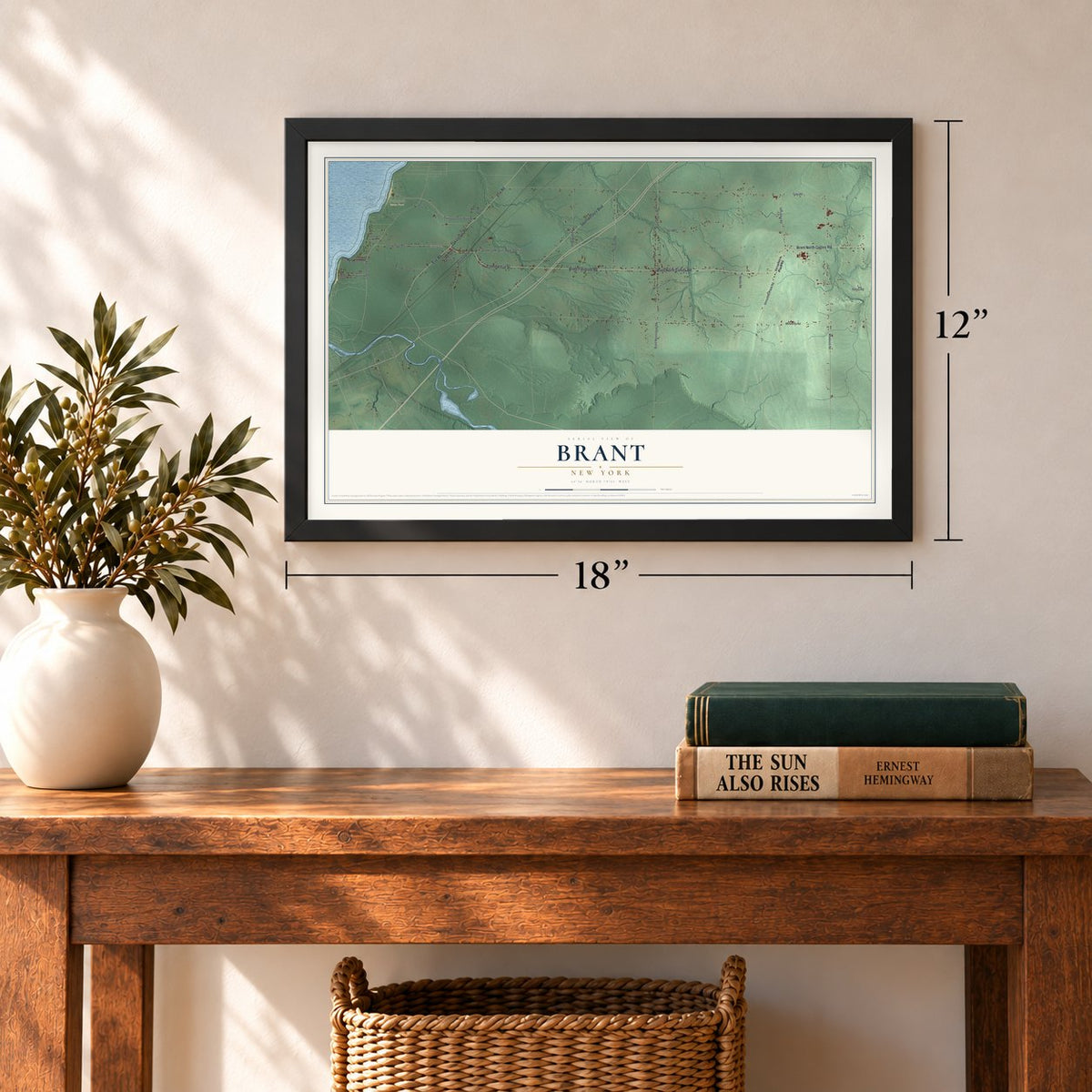 Brant, New York map, 12 x 18 inch print in a black frame in an entryway