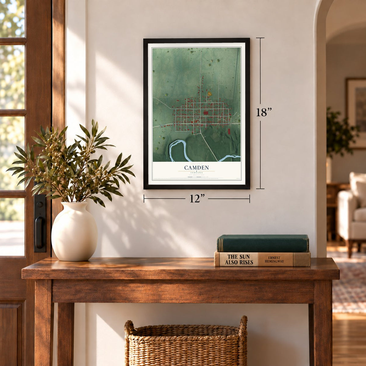 Camden, Indiana map, 12 x 18 inch print in a black frame in an entryway