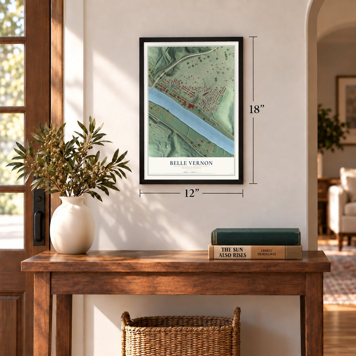 Belle Vernon, Pennsylvania map, 12 x 18 inch print in a black frame in an entryway