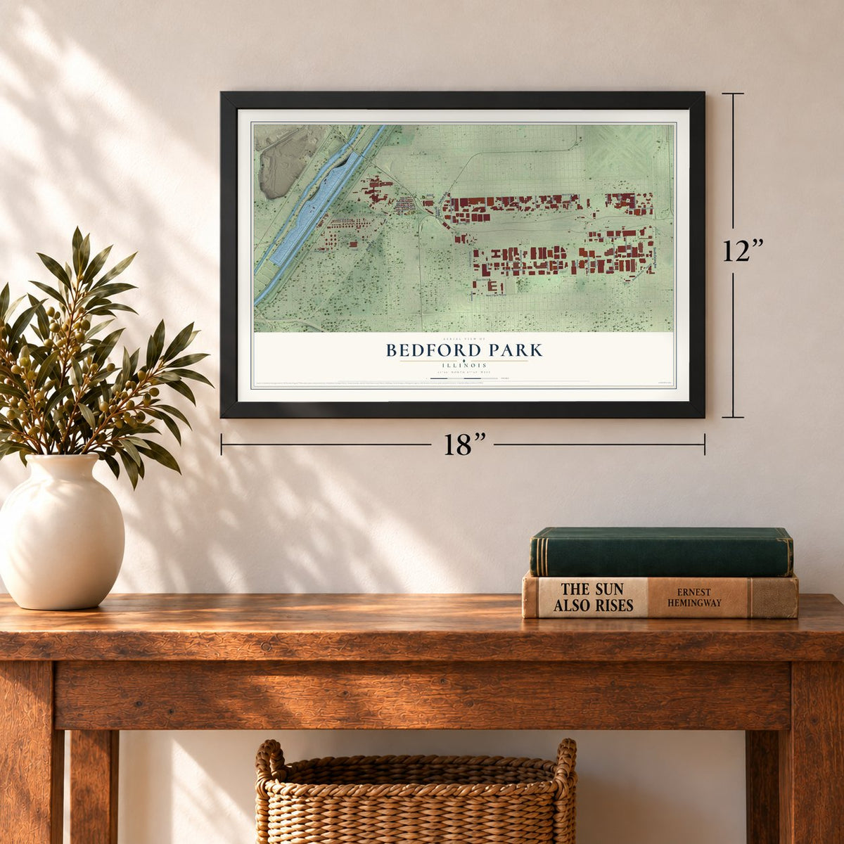 Bedford Park, Illinois map, 12 x 18 inch print in a black frame in an entryway