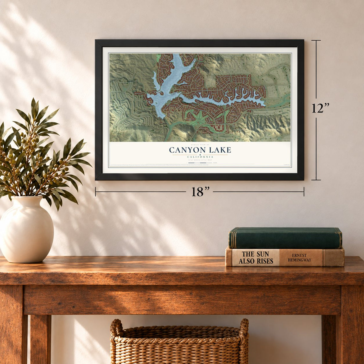 Canyon Lake, California map, 12 x 18 inch print in a black frame in an entryway