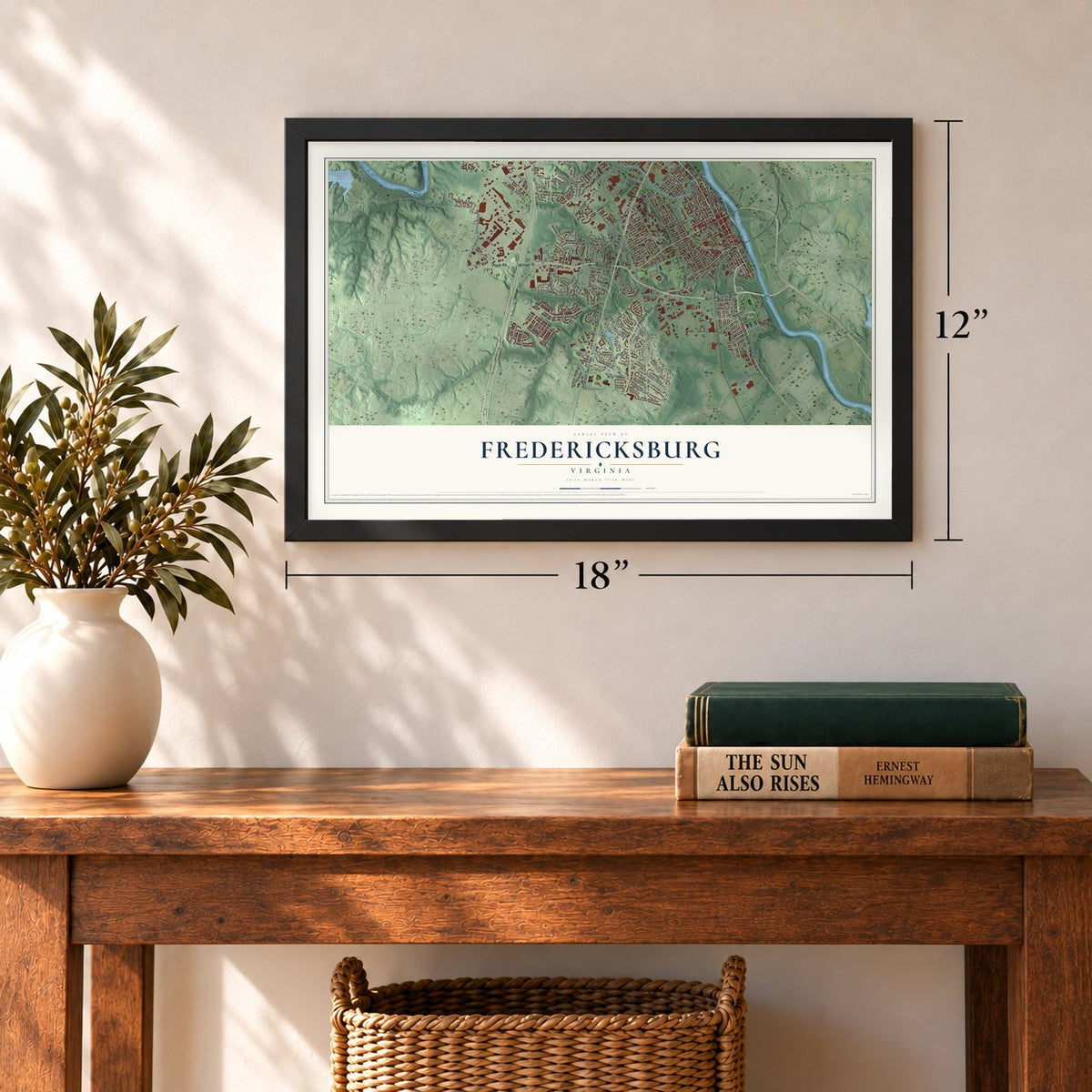 Fredericksburg, Virginia map, 12 x 18 inch print in a black frame in an entryway